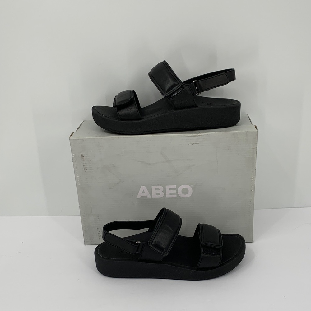 Abeo Peyton comfort wedge sandal black leather wedge double strap back new 7 - Picture 1 of 8